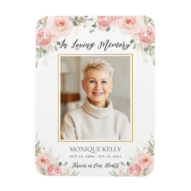 Blush Pink Floral Photo Funeral Memorial Thank You Magnet (Vertical)