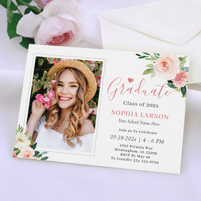 Blush Pink Floral Photo Keepsake Graduation Party Invitation (Creator Uploaded)