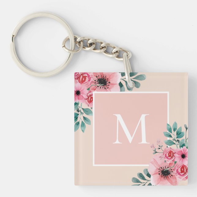 Blush Pink | Floral Photo Monogram Key Ring (Front)