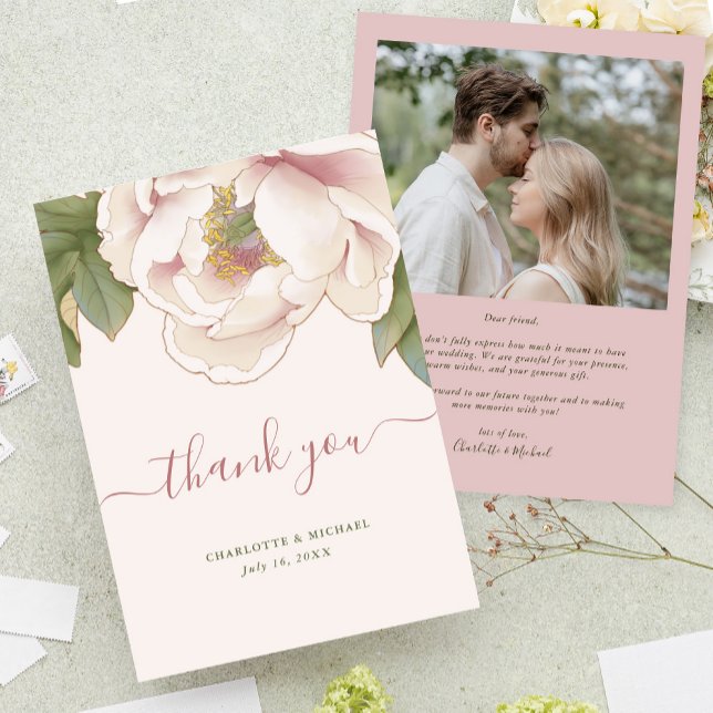 Blush Pink Floral Photo Wedding Thank You Card (Creator Uploaded)