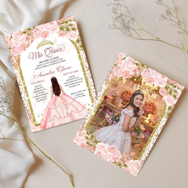 Blush Pink Floral Princess Arch Photo Quinceanera Invitation (Creator Uploaded)