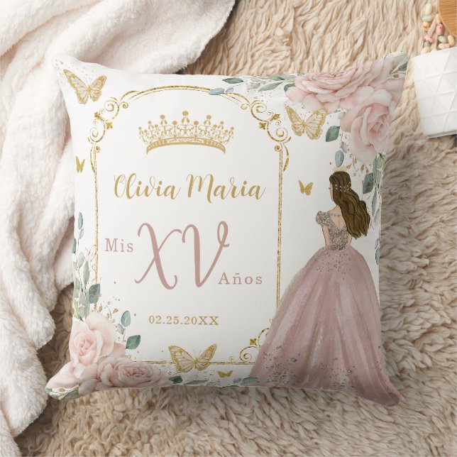 Blush Pink Floral Princess Butterflies Quinceañera Cushion (Blanket)