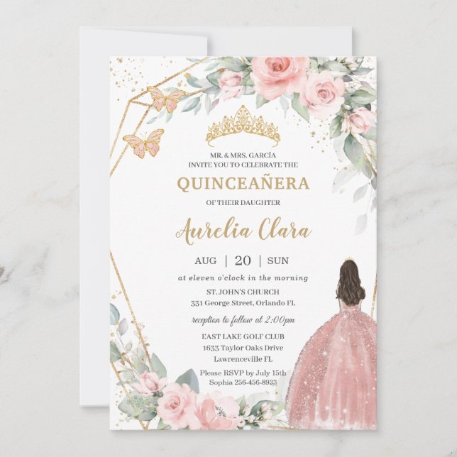 Blush Pink Floral Princess Butterflies Quinceañera Invitation (Front)