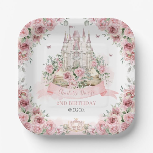 Blush Pink Floral Princess Castle Storybook Book Paper Plate (Front)
