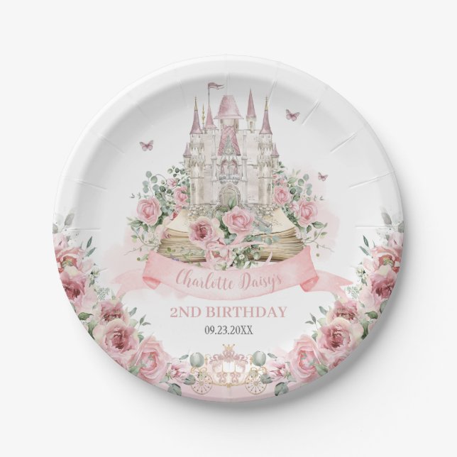Blush Pink Floral Princess Castle Storybook Book Paper Plate (Front)