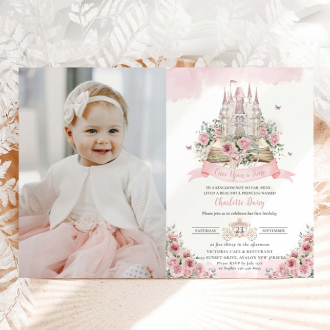 Blush Pink Floral Princess Castle Storybook Photo Invitation (Creator Uploaded)