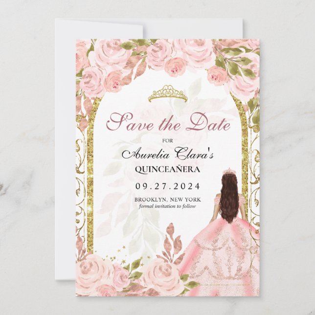 Blush Pink Floral Princess Gold Arch Quinceanera Announcement (Front)