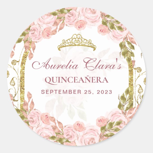 Blush Pink Floral Princess Gold Arch Quinceanera Classic Round Sticker (Front)