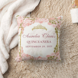 Blush Pink Floral Princess Gold Arch Quinceanera Cushion
