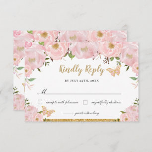 Blush Pink Floral Princess Quinceañera Butterflies RSVP Card