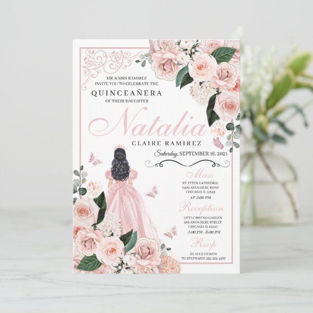 Blush Pink Floral Princess Quinceanera Invitation (Standing Front)
