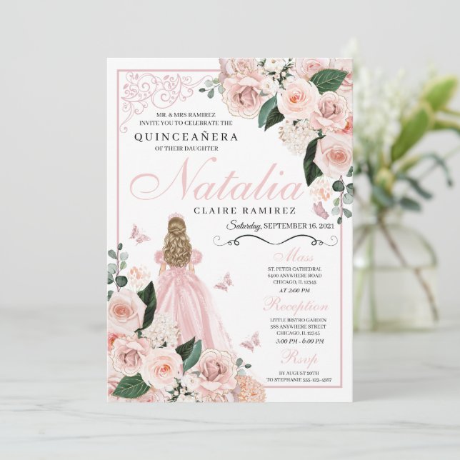 Blush Pink Floral Princess Quinceanera Invitation (Standing Front)