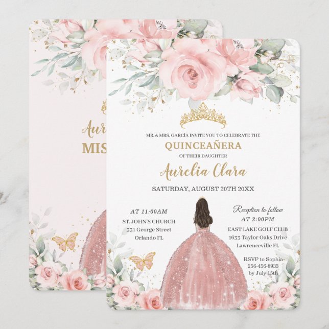 Blush Pink Floral Princess Rose Gold Quinceañera I Invitation (Front/Back)
