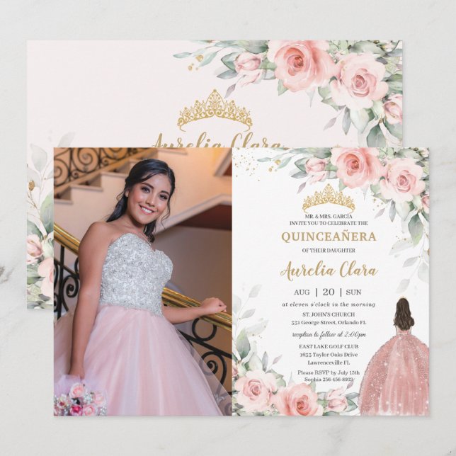 Blush Pink Floral Princess Rose Gold Quinceañera Invitation (Front/Back)