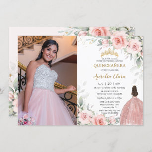 Blush Pink Floral Princess Rose Gold Quinceañera Invitation