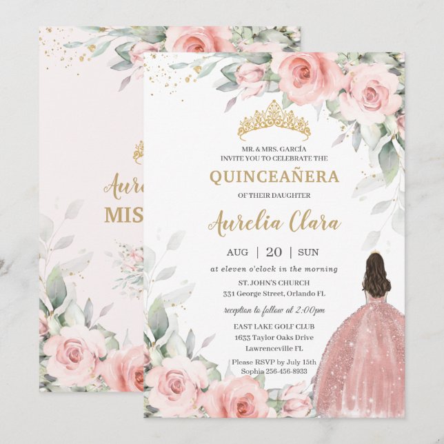 Blush Pink Floral Princess Rose Gold Quinceañera Invitation (Front/Back)
