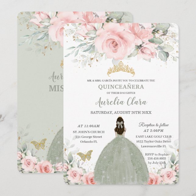 Blush Pink Floral Princess Sage Green Quinceañera Invitation (Front/Back)