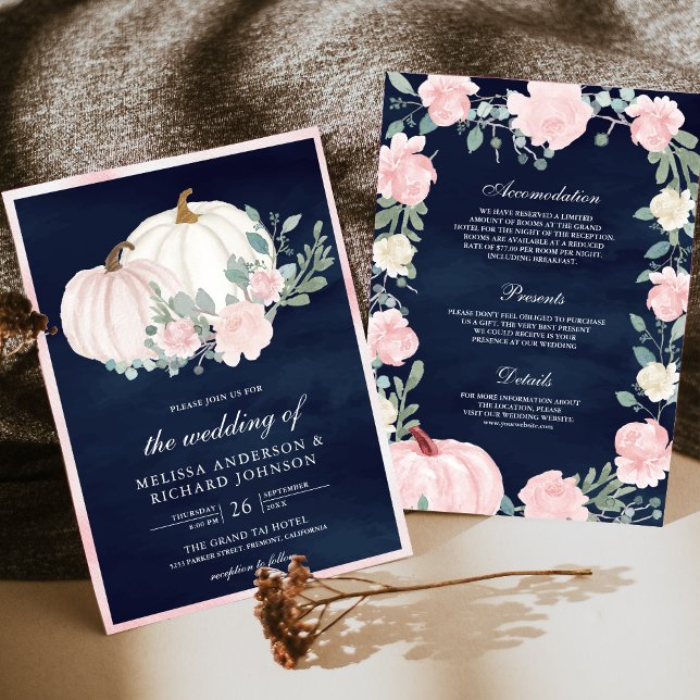 Blush Pink Floral Pumpkin All in One Navy Wedding Invitation (Creator Uploaded)