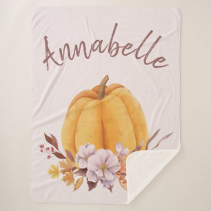 Blush Pink Floral Pumpkin Fall Autumn Name Girls  Sherpa Blanket