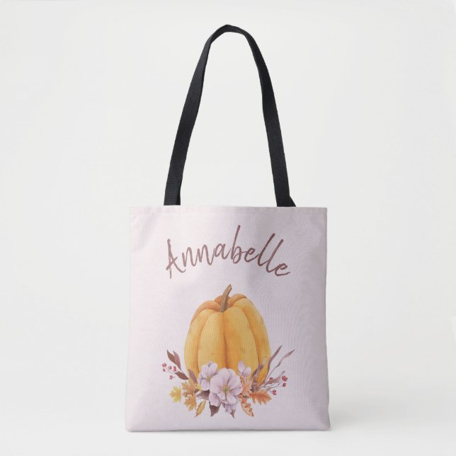Blush Pink Floral Pumpkin Fall Autumn Name  Tote Bag (Front)