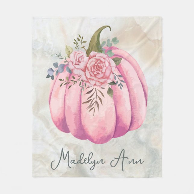Blush Pink Floral Pumpkin Name Girls  Room Fleece Blanket (Front)