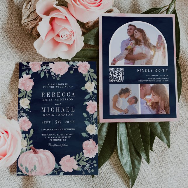 Blush Pink Floral Pumpkin QR Code Navy Wedding Invitation (Creator Uploaded)