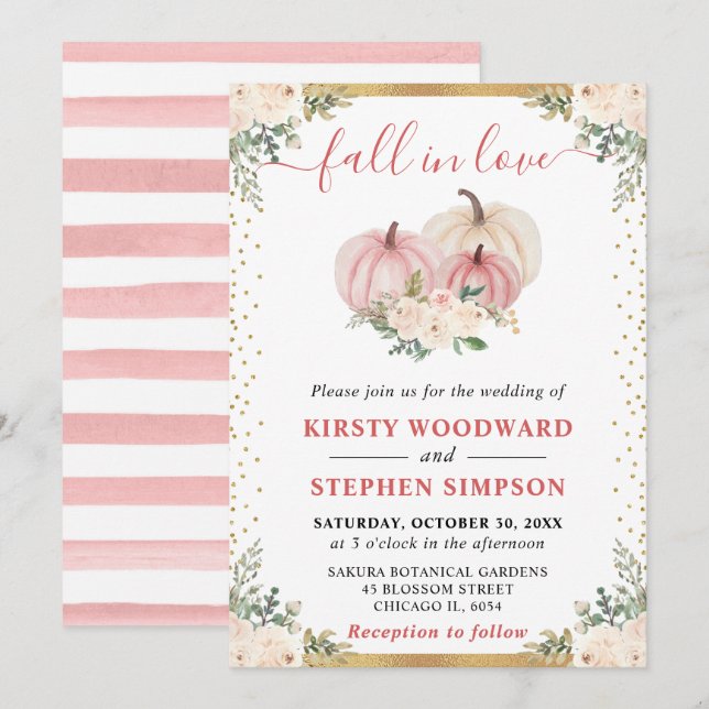 Blush Pink Floral Pumpkins Fall Wedding Invitation (Front/Back)