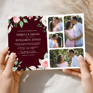 Blush Pink Floral QR Code Burgundy Wedding Invitation