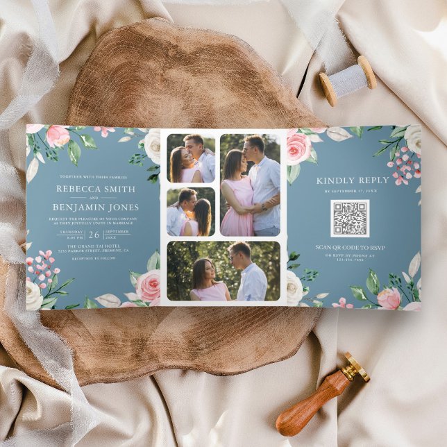 Blush Pink Floral QR Code Dusty Blue Wedding Tri-Fold Invitation (Creator Uploaded)