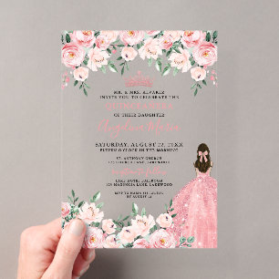 Blush Pink Floral Quinceanera Acrylic Invitations