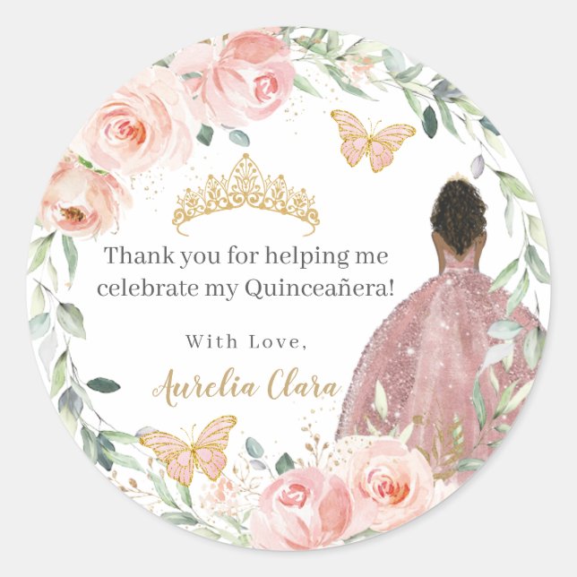 Blush Pink Floral Quinceañera Birthday Brown Girl Classic Round Sticker (Front)