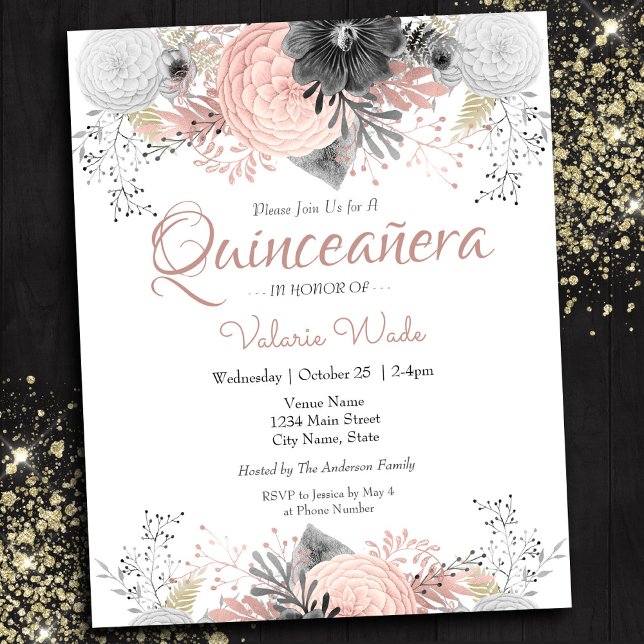 Blush Pink Floral Quinceanera Budget Invitations (Creator Uploaded)