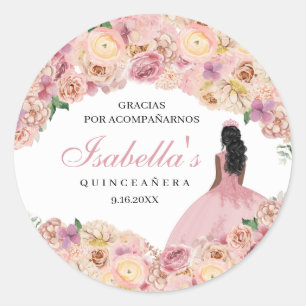 Blush Pink Floral Quinceanera Classic Round Sticke Sticker