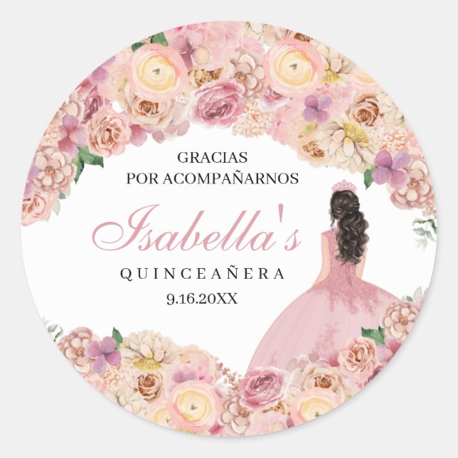 Blush Pink Floral Quinceanera Classic Round Sticke Sticker (Front)
