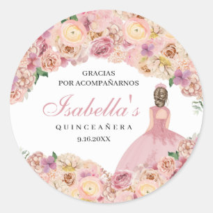Blush Pink Floral Quinceanera Classic Round Sticke Sticker