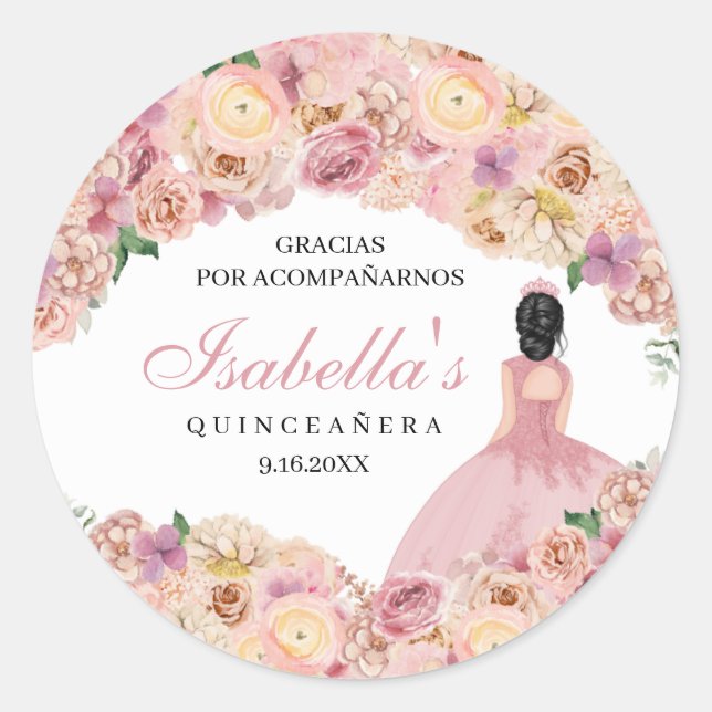 Blush Pink Floral Quinceanera Classic Round Sticker (Front)