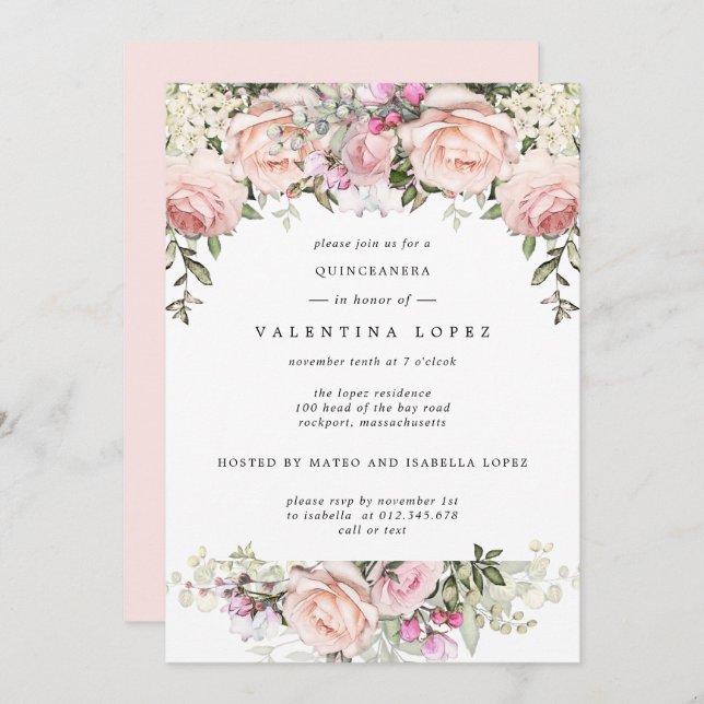 Blush Pink Floral Quinceanera Invitation (Front/Back)