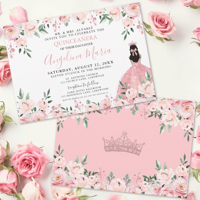 Blush Pink Floral Quinceanera Invitation (Blush Pink Floral Quinceanera Invitation)