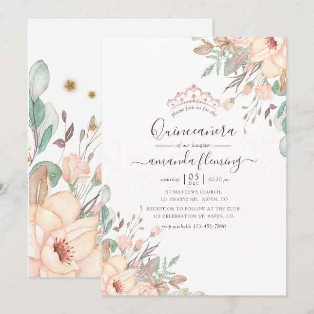 Blush Pink Floral Quinceañera Invitation (Front/Back)
