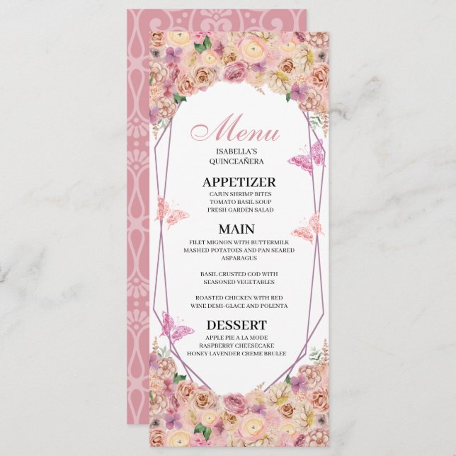 Blush Pink Floral Quinceanera Menu Invitation (Front/Back)