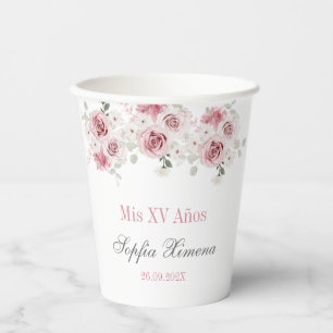 Blush Pink Floral Quinceañera Paper Cups