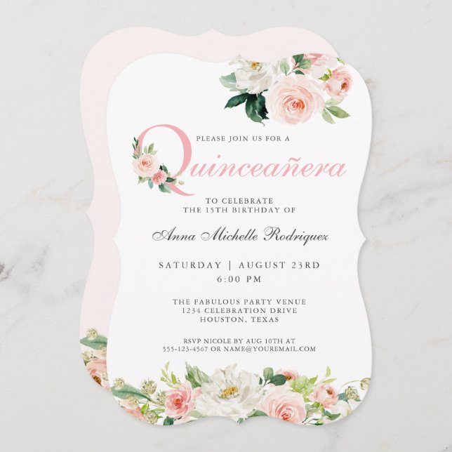 Blush Pink Floral Quinceanera Party Celebration Invitation (Front/Back)