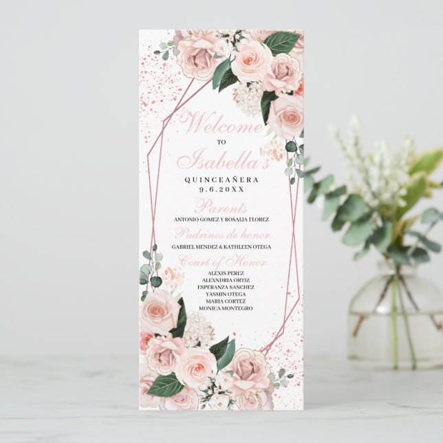 Blush Pink Floral Quinceanera Program Invitation (Standing Front)