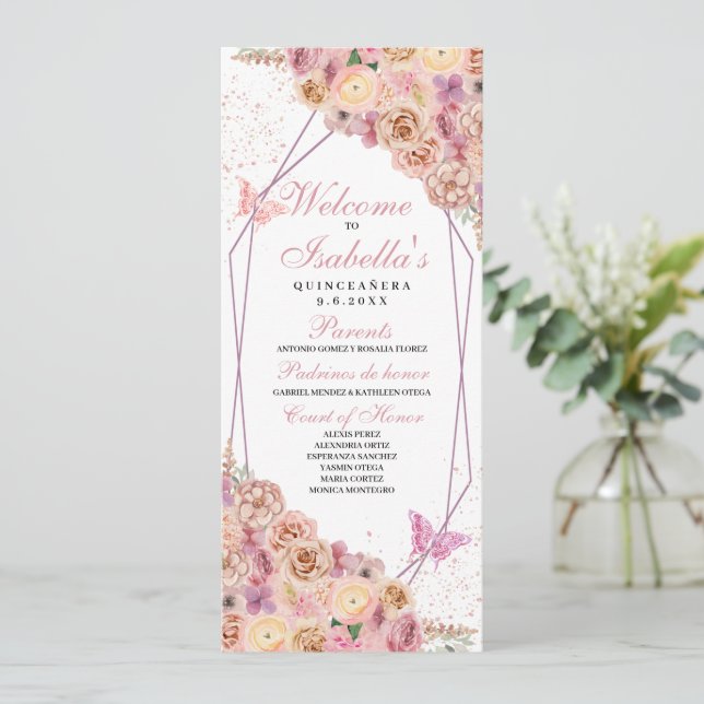 Blush Pink Floral Quinceanera Program Invitation (Standing Front)
