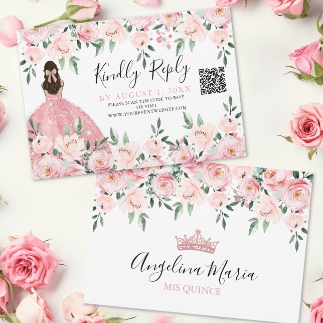 Blush Pink Floral Quinceanera QR Code RSVP Card (Blush Pink Floral Quinceanera QR Code RSVP)