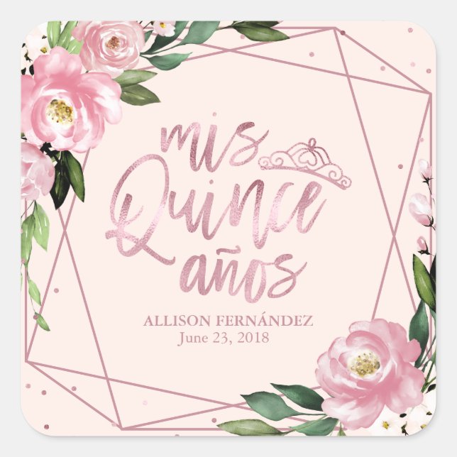 Blush Pink Floral Quinceanera Square Sticker (Front)