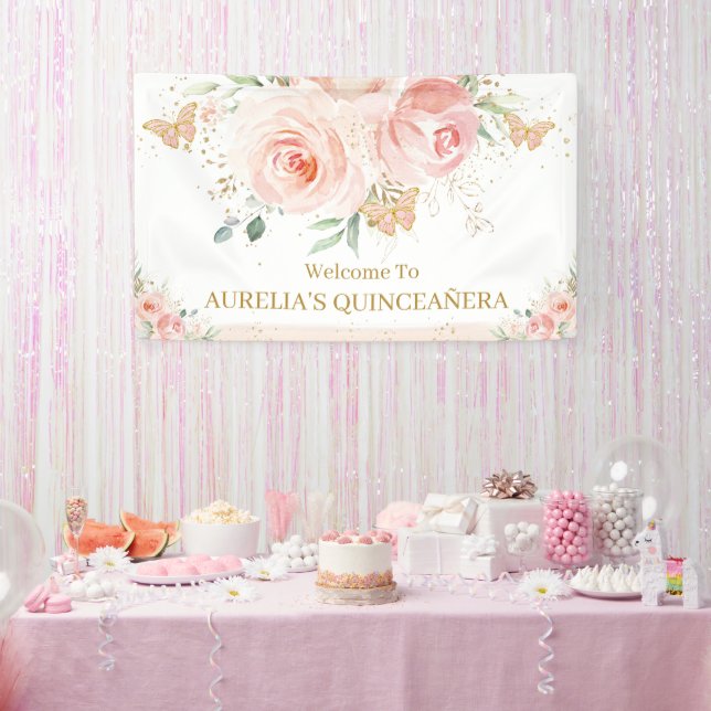 Blush Pink Floral Quinceañera Sweet 16 Backdrop Banner (Party)