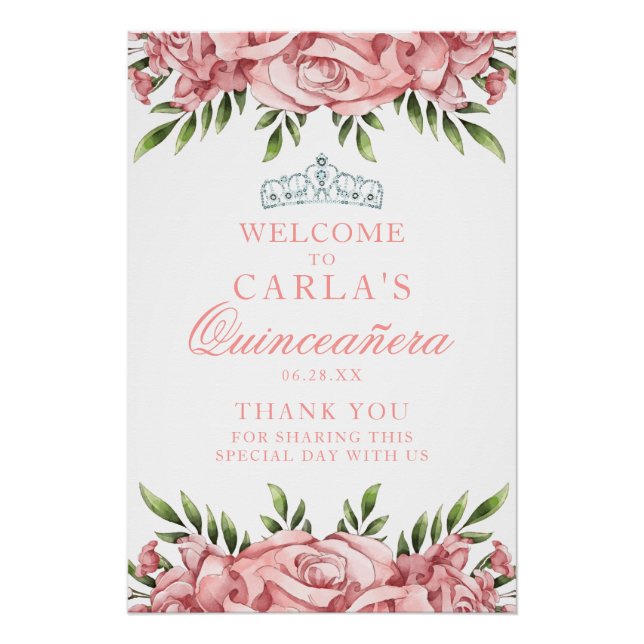 Blush Pink Floral Quinceanera Welcome Sign (Front)
