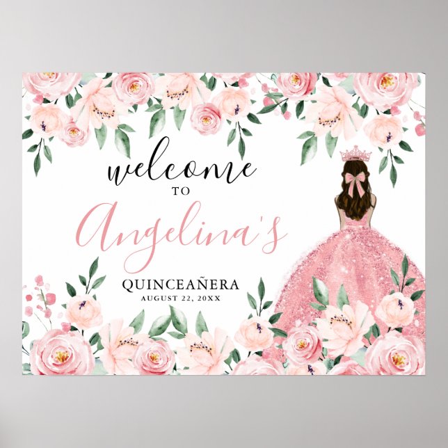 Blush Pink Floral Quinceañera Welcome Sign (Front)