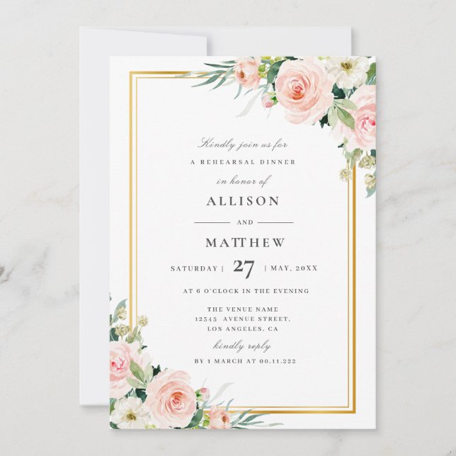 blush pink floral rehearsal dinner invitation (Front)